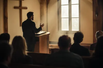 Pastor Preaching in a Modest Chapel