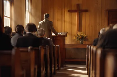 Pastor Preaching in a Wooden Chapel
