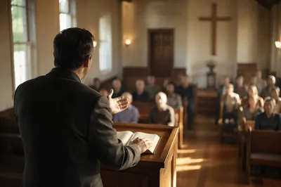 Pastor Preaching at Wooden Chapel Pulpit