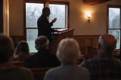 Pastor Preaching in a Rainy Chapel