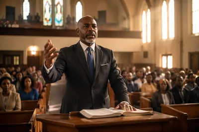 Pastor Preaching from Wooden Pulpit