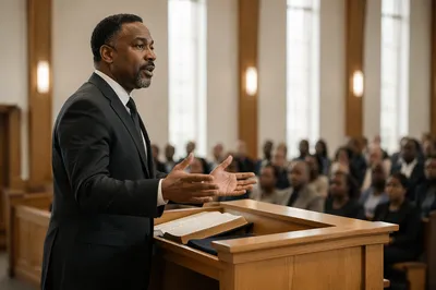 Pastor Preaching at Wooden Church Pulpit