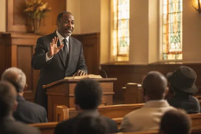 Pastor Preaching at Wooden Church Pulpit