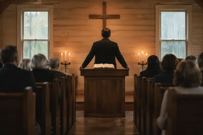 Pastor Preaching in Rainy Wooden Chapel
