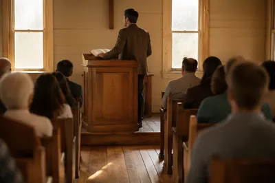 Pastor Preaching in Warm Wooden Chapel