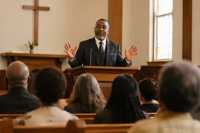 Pastor Preaching in Sunlit Church Interior