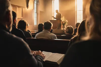 Pastor Preaching in Warm Wooden Chapel