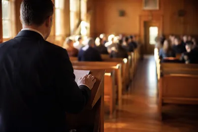 Pastor Preaching in Warm Wooden Chapel