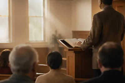 Pastor Preaching at Wooden Chapel Pulpit