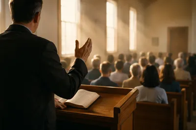 Pastor Preaching in Sunlit Chapel