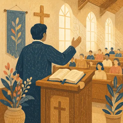 Pastor Preaching from Pulpit with Open Bible