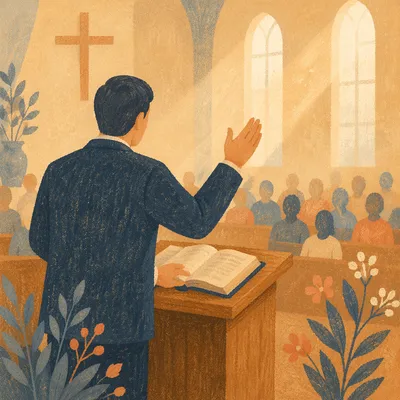 Pastor Preaching from Wooden Pulpit
