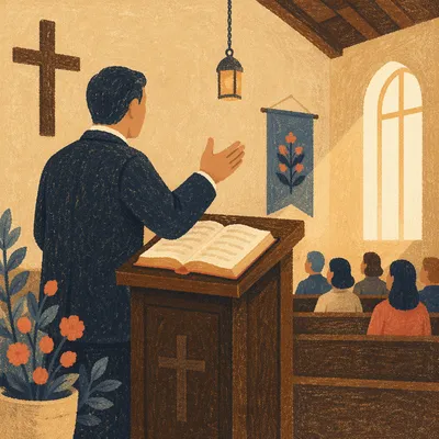 Pastor Preaching from Pulpit with Open Bible