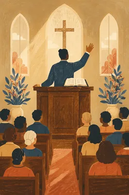 Pastor Preaching Passionately at Wooden Pulpit