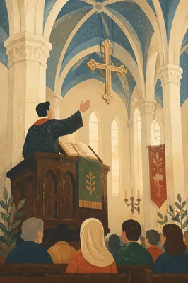 Pastor Preaching from Historic Church Pulpit