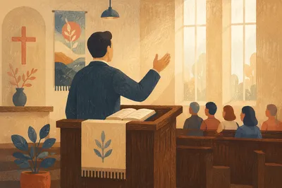 Pastor Preaching from Pulpit with Open Bible