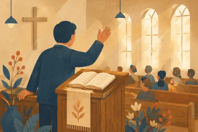 Pastor Preaching from Pulpit with Bible