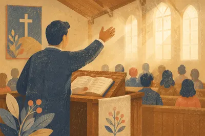 Pastor Preaching Beside Open Bible