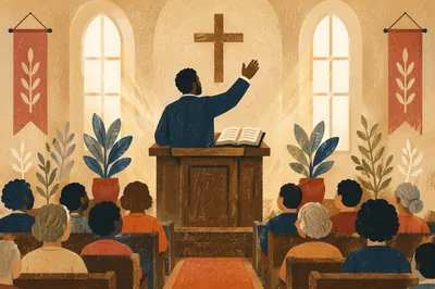 Pastor Preaching Passionately at Wooden Pulpit