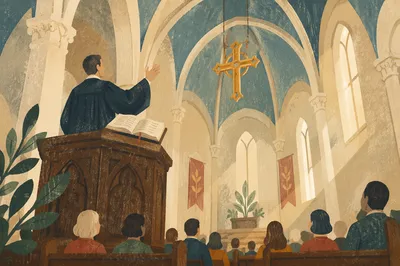 Pastor Preaching from Historic Church Pulpit