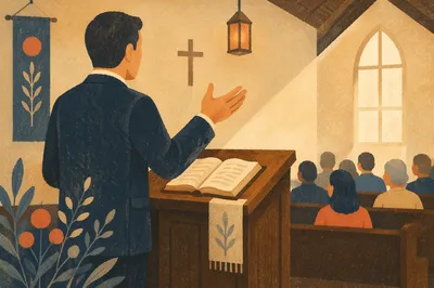 Pastor Preaching from Pulpit with Open Bible