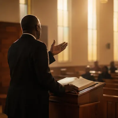 Pastor Preaching from Pulpit with Bible