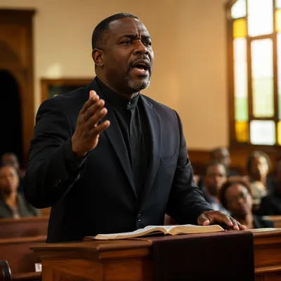 Black Pastor Preaching from Wooden Pulpit
