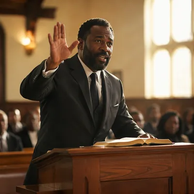 Pastor Preaching from Wooden Pulpit