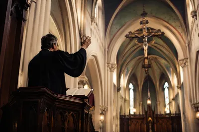 Pastor Preaching from Historic Church Pulpit
