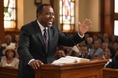 Black Pastor Preaching from Wooden Pulpit