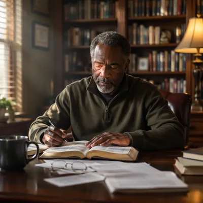 Pastor in Study Office with Open Bible