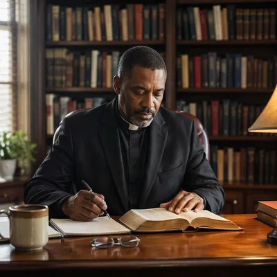 Pastor Studying at Wooden Office Desk