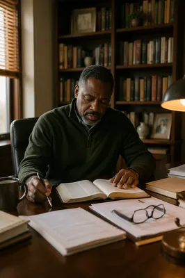 Pastor Seated at Desk with Bible
