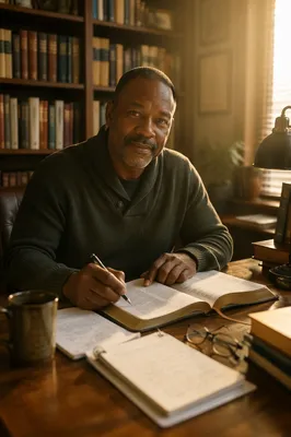 Pastor Reading Bible in Study Office