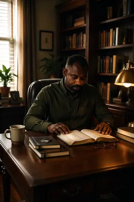 Man Reading Bible in Study Office