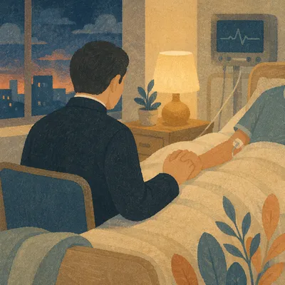 Pastor Praying With Hospital Patient at Dusk