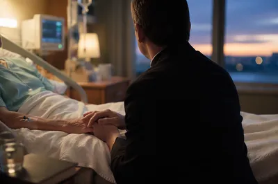 Pastor Praying Beside Hospital Patient at Dusk