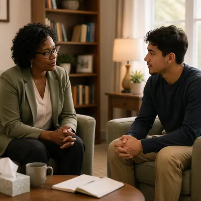 Pastor Counseling Young Man in Sunlit Office