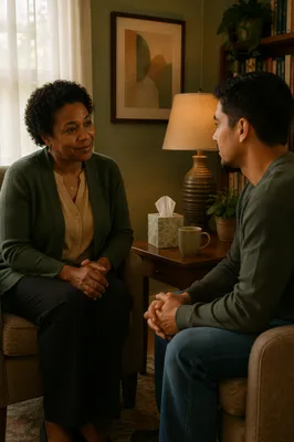 Pastor Counseling Young Man in Office