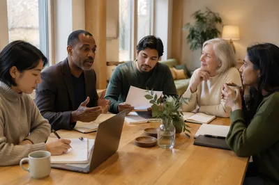 Collaborative Meeting Around Wooden Table