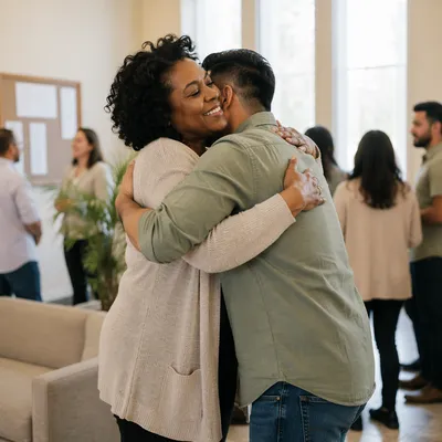 Warm Hug in Bright Church Lobby