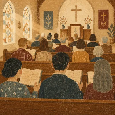 Congregation Singing Hymns in Wooden Pews