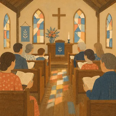 Congregation Singing Hymnals in Country Church