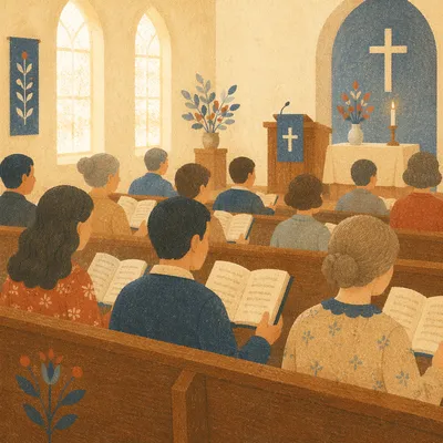 Congregation Singing Hymns in Wooden Pews