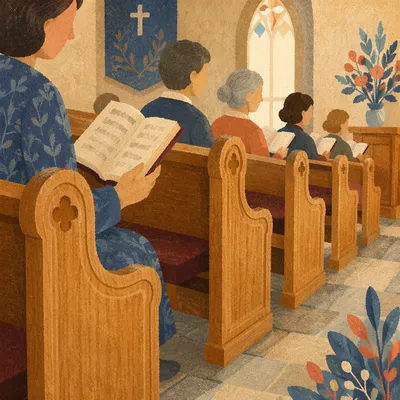 Congregation Singing from Hymnals in Pews