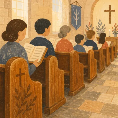Congregation Singing Hymns in Wooden Pews