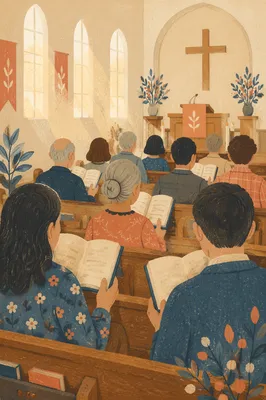 Congregation Singing Hymns in Wooden Pews