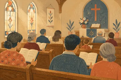 Congregation Singing Hymnals in Wooden Pews