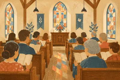 Congregation Singing Hymnals in Country Church