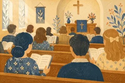 Congregation Singing Hymns in Wooden Pews